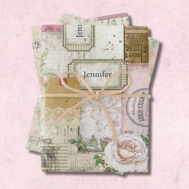 Pretty Antique Collage Add Name & Secret Message 3 Wrapping Paper Sheet (Creator Uploaded)