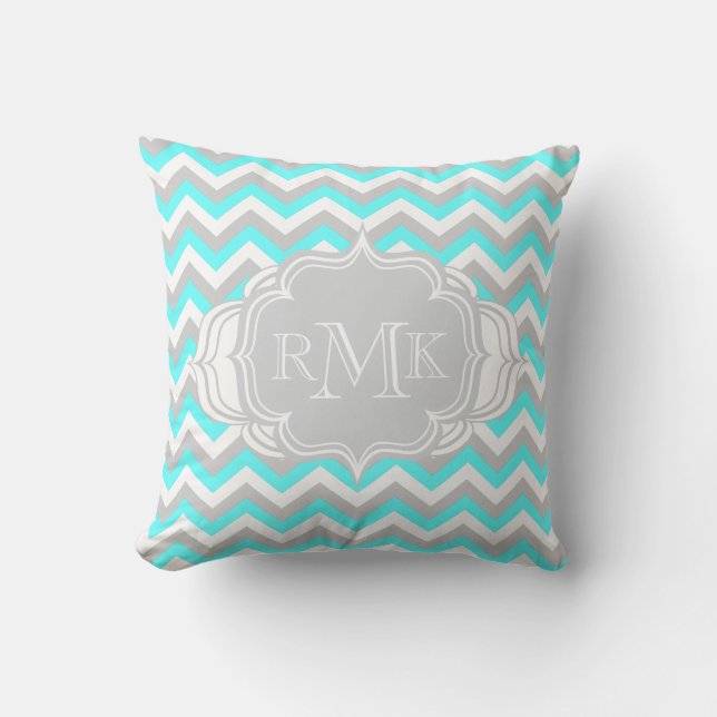 Pretty Aqua and White Girl's Room Chevron Monogram Throw Pillow (Front)