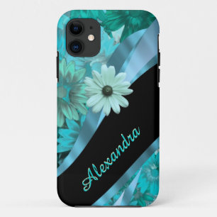 Pretty aqua blue floral pattern personalized iPhone 11 case