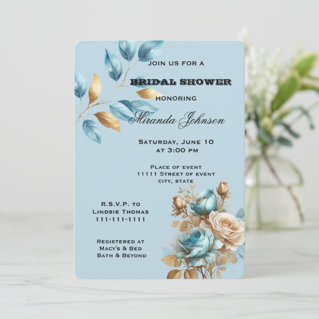Pretty Aqua Blue Gold Ivory Floral Bridal Shower Invitation (Standing Front)