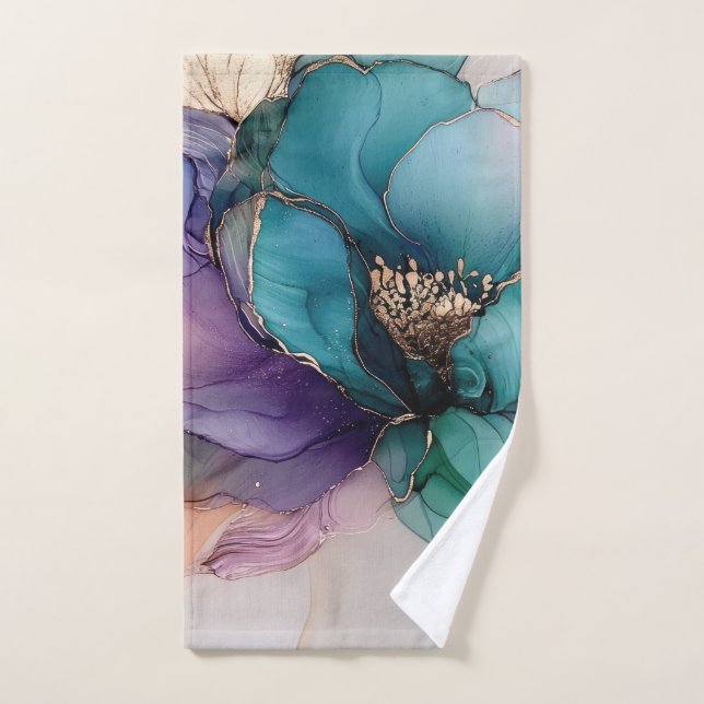 Pretty Aqua Blue Purple Gold Floral  Hand Towel (Hand Towel)