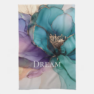 Pretty Aqua Blue Purple Gold Floral Kitchen Towel
