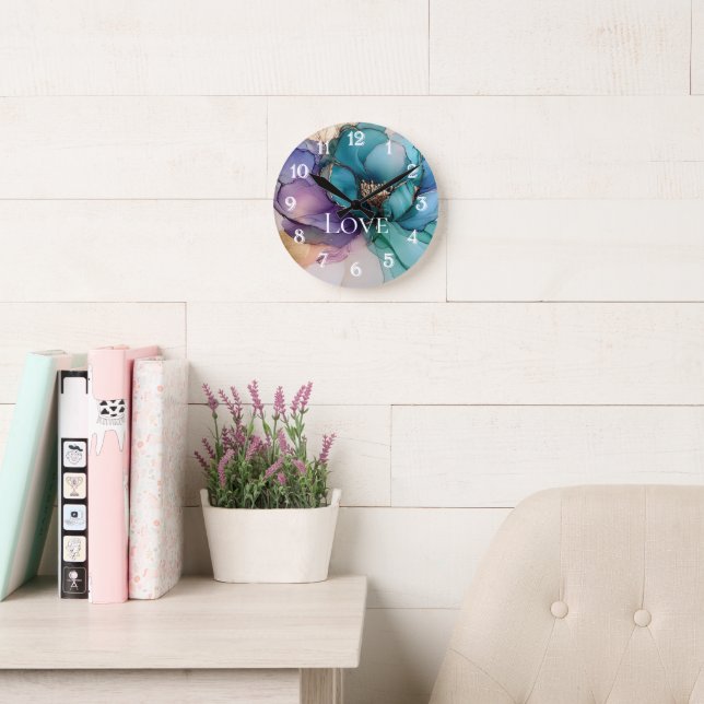 Pretty Aqua Blue Purple Gold Floral Love Round Clock (Reading Room)