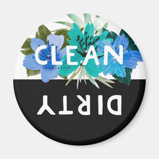 Pretty Aqua Floral CLEAN DIRTY  Dishwasher Magnet (Front)