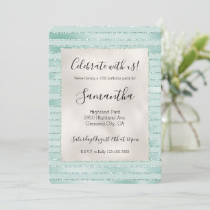 Pretty Aqua Mint Glitzy Glitter Stripes Invitation
