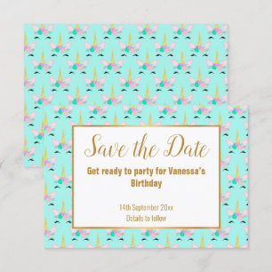 Pretty Aqua Unicorn SAVE THE DATE ANNOUNCEMENT