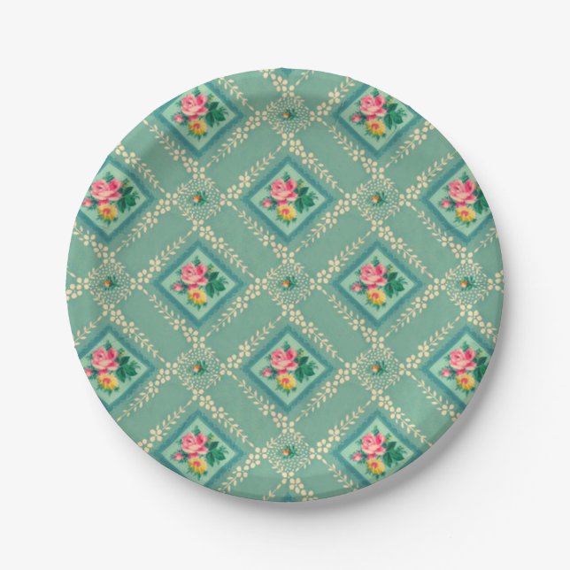 Pretty aqua vintage wallpaper paper plates (Front)