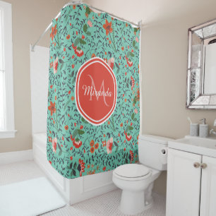 Pretty Aquamarine Orange and Red Floral Monogram