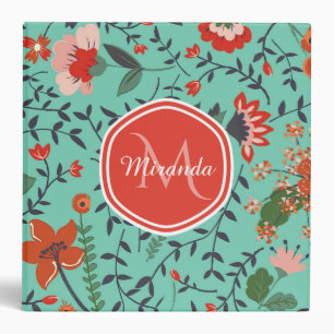 Pretty Aquamarine Orange and Red Floral Monogram Binder