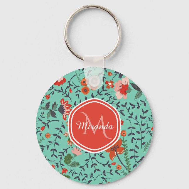 Pretty Aquamarine Orange and Red Floral Monogram Keychain (Front)