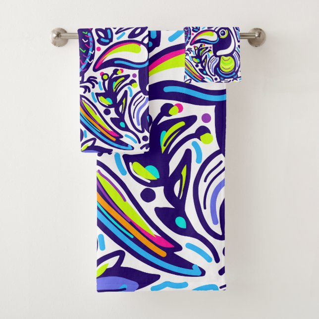 Pretty artistic pattern of birds l Blue and white Bath Towel Set (Insitu)