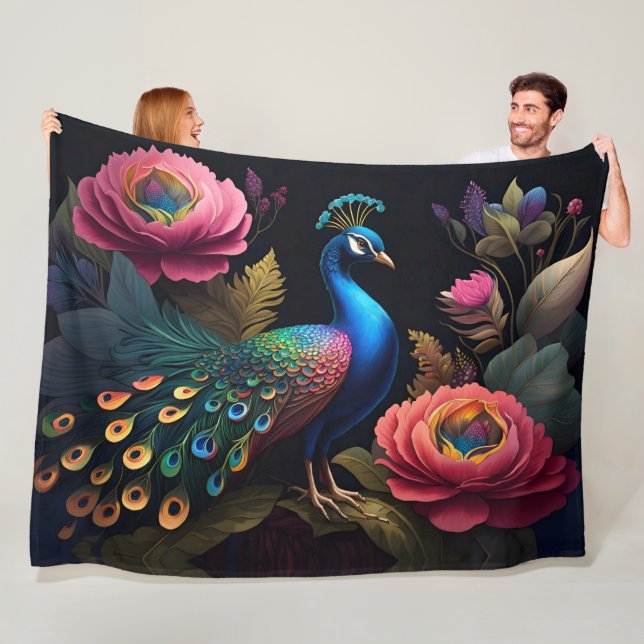 Pretty as a Peacock in Peonies Fleece Blanket (In Situ)