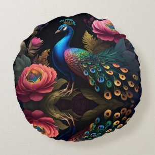 Pretty as a Peacock in Peonies Round Pillow