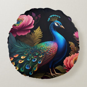 Pretty as a Peacock in Peonies Round Pillow