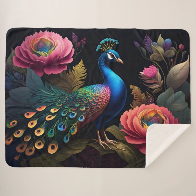 Pretty as a Peacock in Peonies Sherpa Blanket (Front (Horizontal))