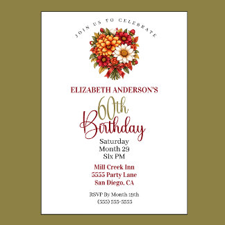 Pretty Autumn Flower Bouquet 60th Birthday Invitation