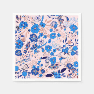 Pretty Azure Blue Blush Pink Floral Illustration Napkin