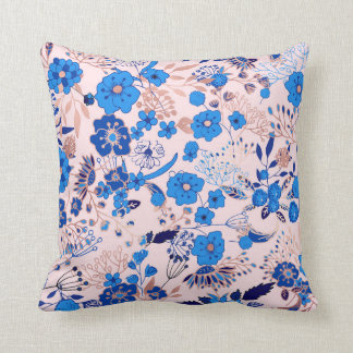 Pretty Azure Blue Blush Pink Floral Illustration Throw Pillow