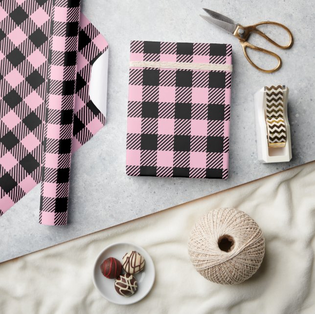 Pretty Baby Pink And Black Buffalo Plaid  Wrapping Paper (Crafts)