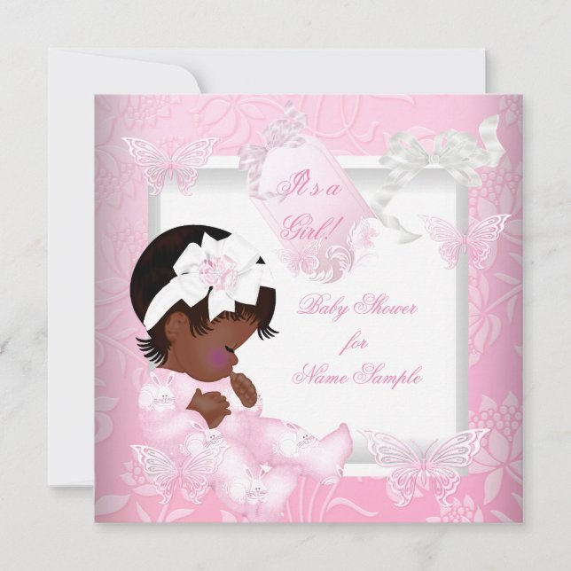 Pretty Baby Shower Cute Girl Pink Butterfly Ethnic Invitation (Front)