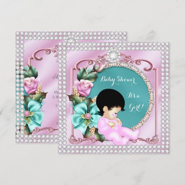Pretty Baby Shower Floral Teal Pink Brunette Baby Invitation (Front/Back)