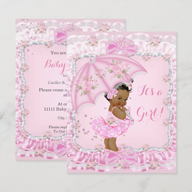 Pretty Baby Shower Girl Floral Pink Ethnic Invitation (Front/Back)