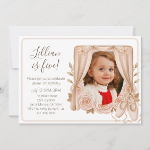 Pretty Ballerina Dancer Girls Fifth Birthday Photo Invitation