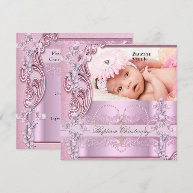 Pretty Baptism Pink Girl Photo Butterfly Cross Invitation (Front/Back)