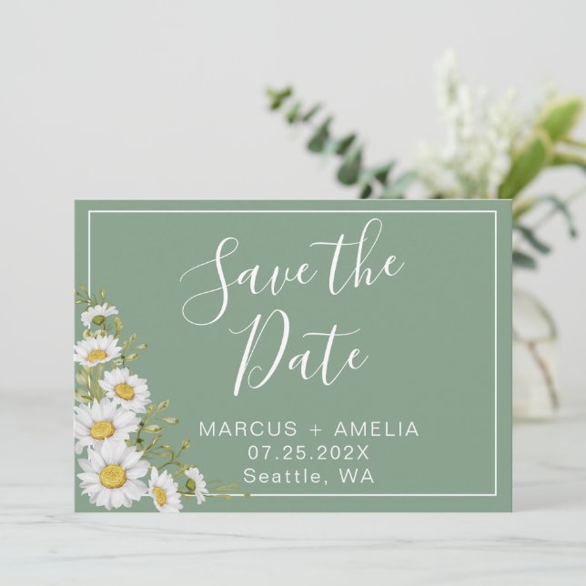 Pretty Basil Green & White Daisies   Save The Date (Standing Front)