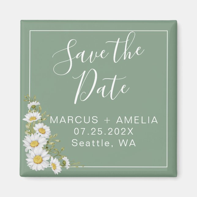 Pretty Basil Green & White Daisies Save The Date  Magnet (Front)