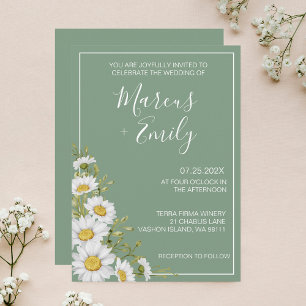 Pretty Basil Green & White Daisies Wedding Invitation