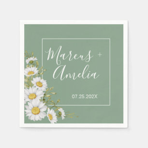 Pretty Basil Green & White Daisies Wedding  Napkin