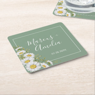 Pretty Basil Green & White Daisies Wedding Square  Square Paper Coaster