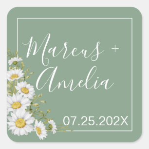 Pretty Basil Green & White Daisies Wedding  Square Sticker