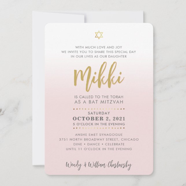 PRETTY Bat Mitzvah pale pink gold elegant script Invitation (Front)