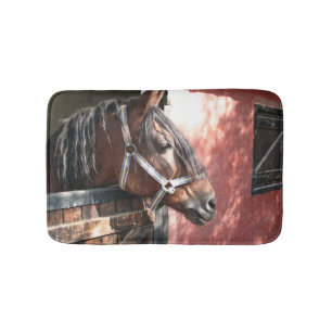 Pretty Bay Horse in a Sunlit Stable Bath Mat