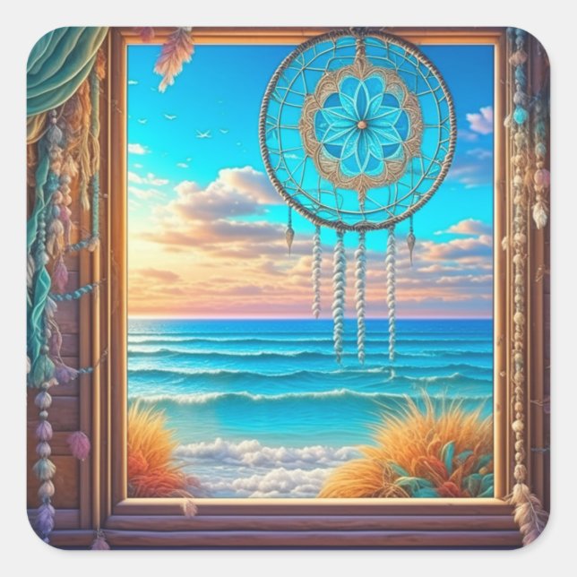Pretty Beachy Dreamcatcher on Window  Square Sticker (Front)