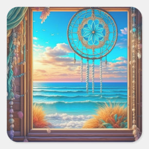 Pretty Beachy Dreamcatcher on Window  Square Sticker