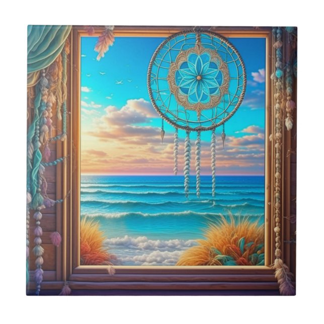 Pretty Beachy Dreamcatcher on Window  Tile (Front)