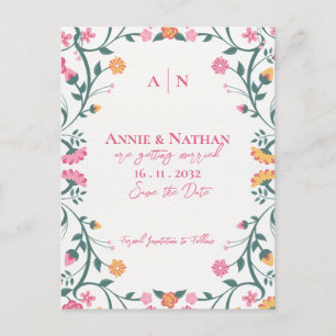 Pretty Beautiful Yellow Pink Floral Frame Wedding Announcement Postcard