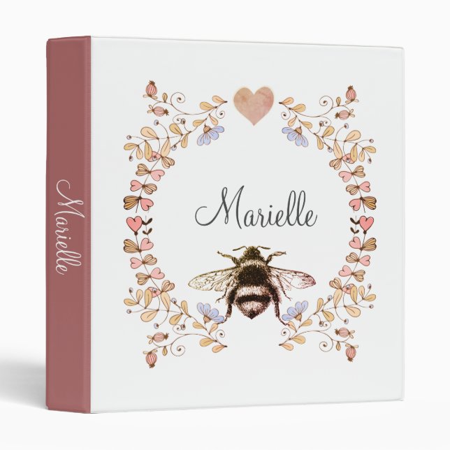 Pretty Bee Floral Pink Terracotta Personalized Binder (Front/Spine)