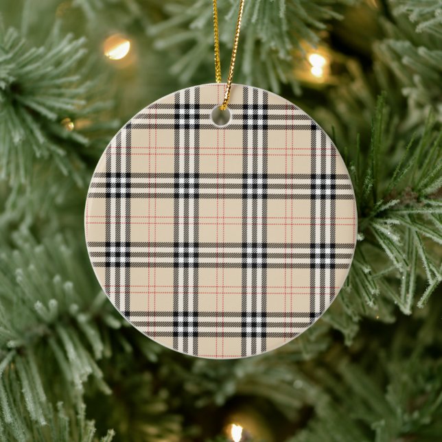 Pretty Beige Plaid Tartan Ceramic Ornament (Tree)