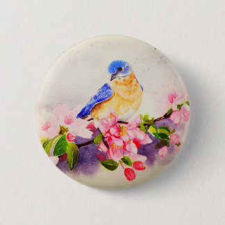 Pretty bird and cherry blossom watercolor painting 2 inch round button