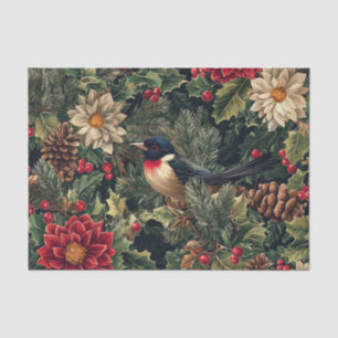 Pretty Bird on Pine Tree Branches with Flowers Tissue Paper