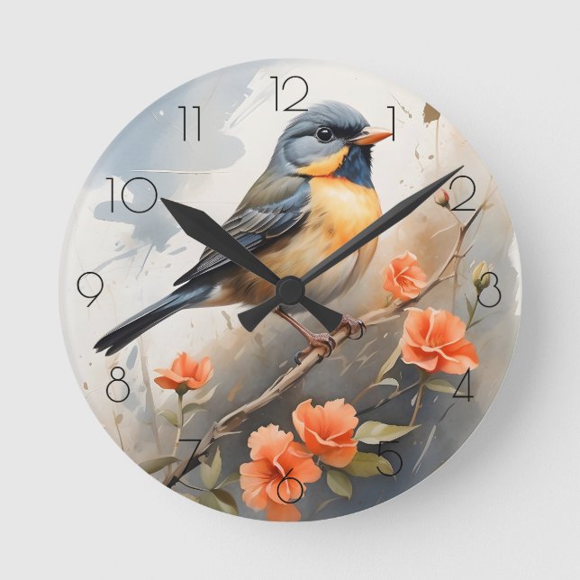 Pretty Bird on Tree Limb Orange Flowers  Round Clock (Front)