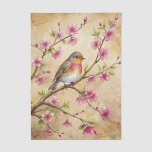 Pretty Bird Perched on Pink Floral Branch Tissue Paper