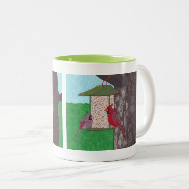 Pretty birds, Cardinals at the feeder, mugs (Front Right)