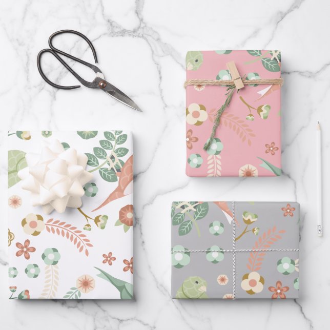Pretty Birds & Flowers Wrapping Paper Sheet (Front)
