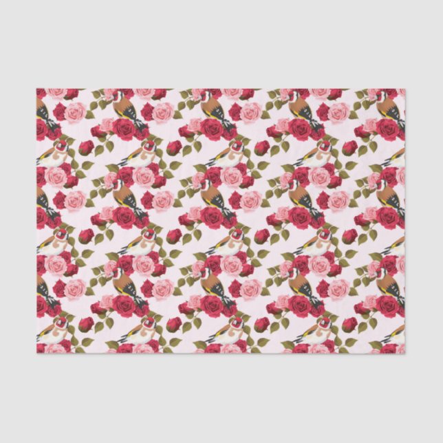 Pretty Birds Perched on Pink & Red Roses Tissue Paper (Front)