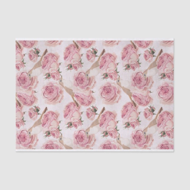 Pretty Birds Perched on Pink Roses Pattern Tissue Paper (Front)